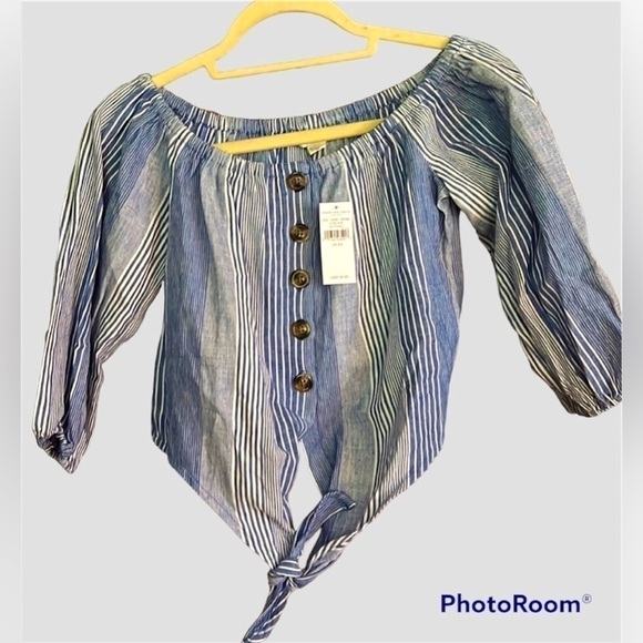 AMERICAN EAGLE OUTFITTERS Denim Striped Cropped Tie-Front L/S Blouse, Sz XS, NWT - Picture 1 of 7